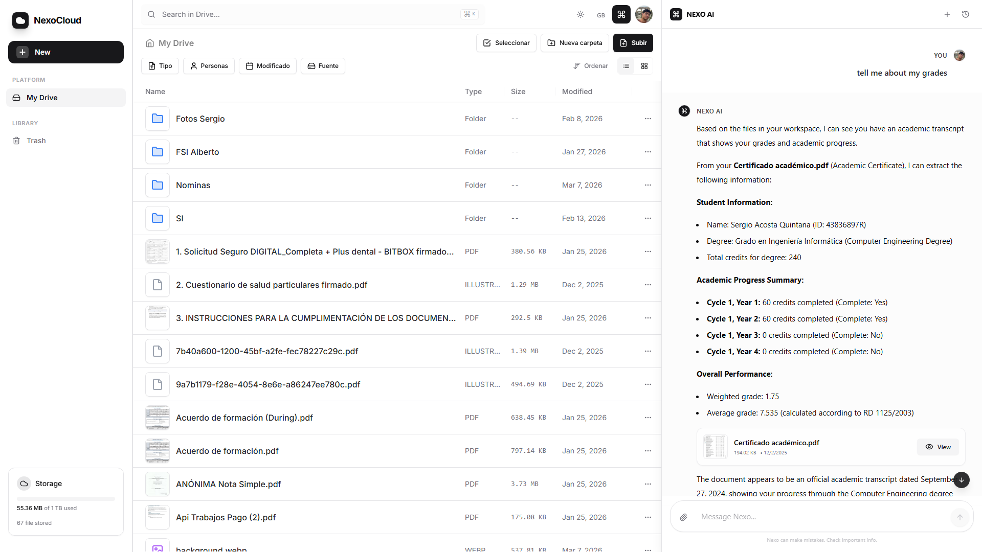 Nexo Drive dashboard